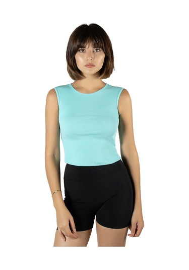 2'li Paket Turkuaz Siyah Fitted/vücuda Oturan Crop Halter Yaka Fitilli Esnek Örme Bluz Atlet Turkuaz Siyah