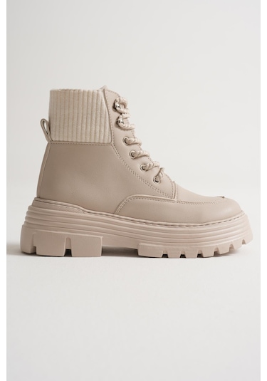 Kalın Eva Taban Boğazı Lastikli Bağcıklı Kadın Bej Bot Tbgzgn505 Bej