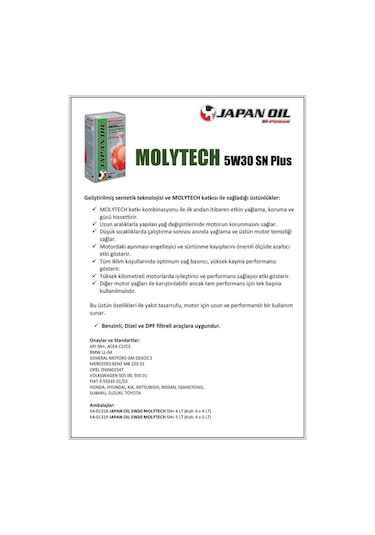 Japan Oil Molytech Sn+ Plus Tam Sentetik 5W-30 Motor Yağı 4 L