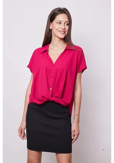 Likrasız Şık Kumaş Yakalı Düşük Omuzlu Önü Pileli Gömlek-vişne Vişne