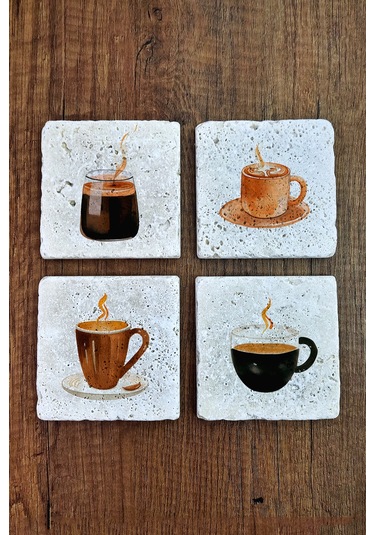 Kahve Ve Çay Temalı Doğal Taş Bardak Altlığı - Stone Coasters Çok Renkli