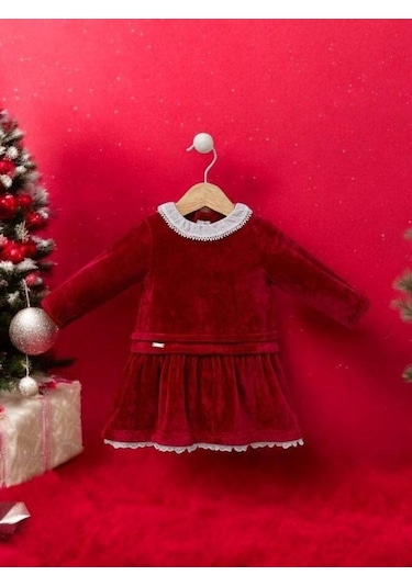 Cantoy Kız Bebek Kırmızı Kadife Tasarım Elbise-15216 Kırmızı