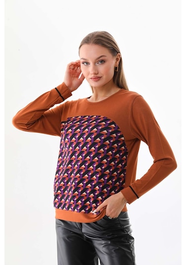 Sistas Kadın Desenli Uzun Kol Bluz 23618 Camel
