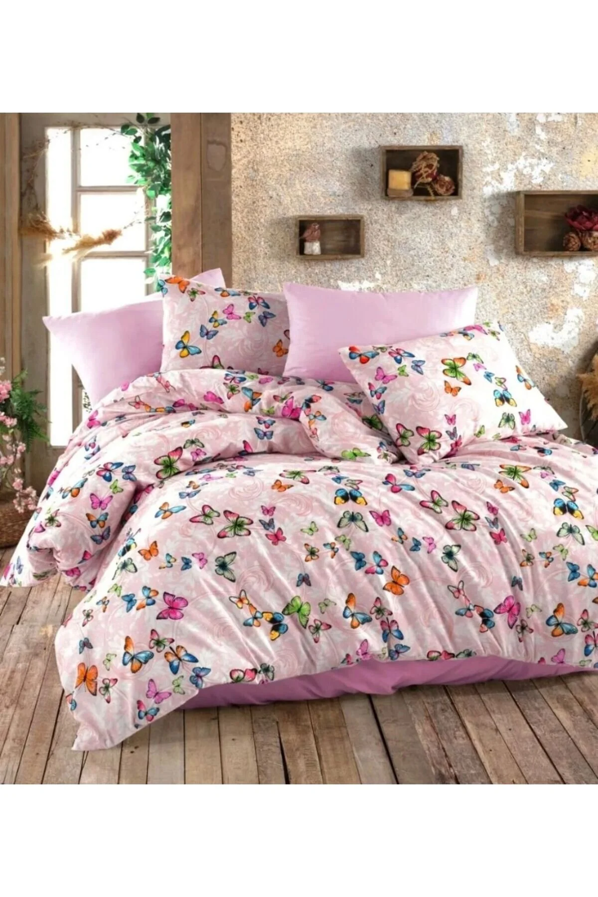 Çift Kişilik Battal Boy Nevresim Takımı Premium Ranforce Yumuşak Dokulu Pembe Kelebek