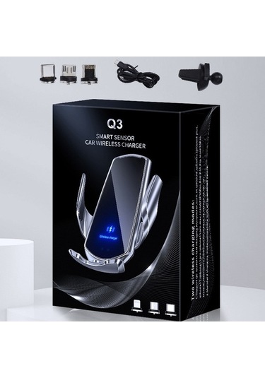 Wondernest Q3 Kızılötesi İndüksiyon Manyetik Araç Şarj Braketi, Mikro Usb + 8 Pin + Usb-c Konnektör Siyah Siyah