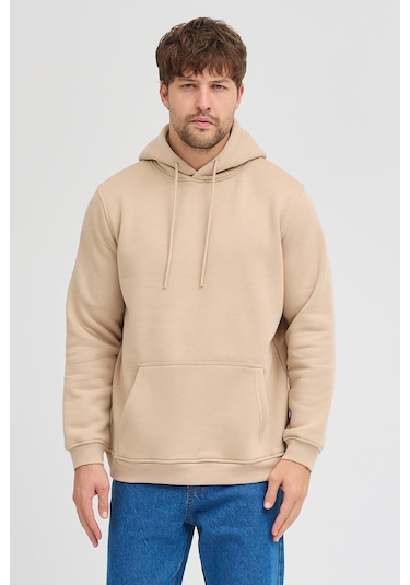 Erkek Bej Standart Fit Normal Kesim Içi Polarlı 3 Iplik Kapüşonlu Pamuklu Sweatshirt Bej