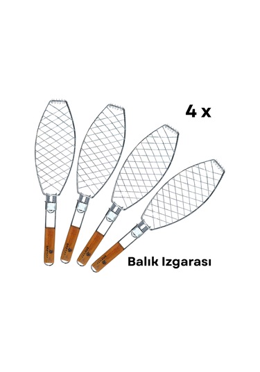 Dooman 4'lü Paslanmaz Çelik Balık Izgara Teli Ahşap Saplı 30x13 Cm Izgara Alanı - 318g