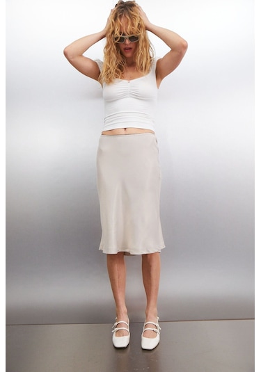 GRIMELANGE Thalıtha Kadın Saten Görünümlü Kumaş Beli Lastikli Örme Gri Etek Gri