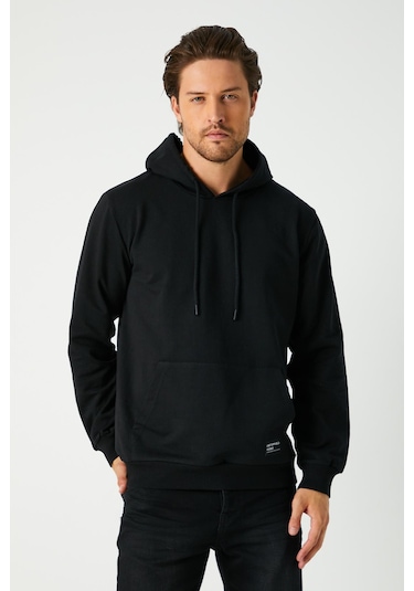 Siyah Regular Fit Kapüşonlu Cepli Sweatshirt Düz Paça Erkek Eşofman Takımı Siyah