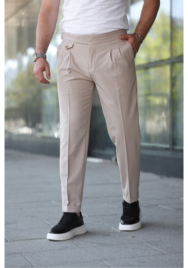 Kuşaklı Pileli Kemer Detaylı Old Money Kumaş Pantolon Krem