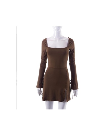 Kadın Sonbahar Ve Kış Yeni İpli Uzun Kollu Düz Renk Kare Yaka Dar Kesim Yüksek Bel Yırtmaçlı Elbiseler Yeşil