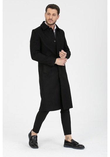Erkek Siyah Dar Kesim Uzun Kaşe Gömlek Yaka Palto & Kaban Siyah