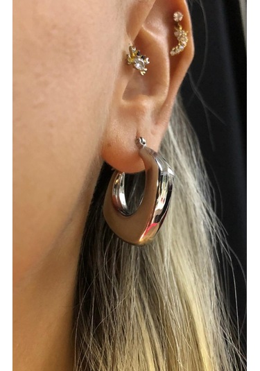 Vog Altın Tasarım İçi Boş Halka Tasarım Sevgiliye,eşe,anneye,arkadaşa Hediye Çelik Küpe Beyaz