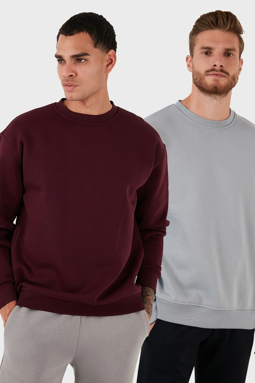 Buratti Regular Fit Bisiklet Yaka Şardonlu 2'Li Paket Erkek Sweat 5905255S2 Açık Gri-Vişne