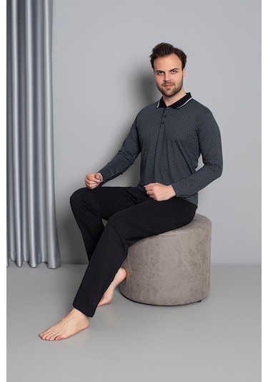 Erkek Düğmeli Desenli Uzun Kollu Pijama Takımı 16585 Gri Gri