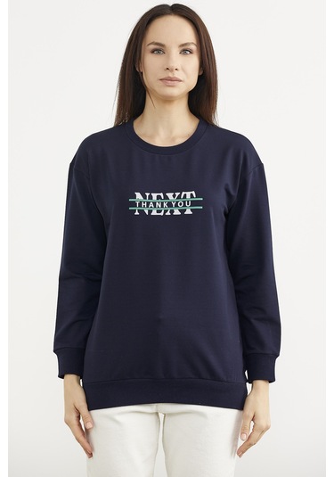 Sıfır Yaka Oversize Sweatshirt - Lacivert Ekru