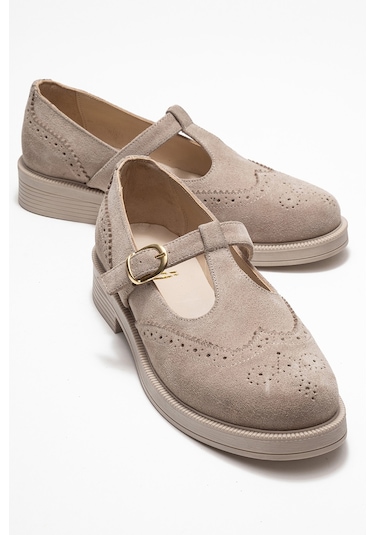 Janney Bej Süet Hakiki Deri Bantlı Kadın Loafer Ayakkabı Bej Süet