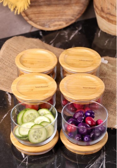 Bambum Duo 300ml 6'lı Bambu Kapaklı Cam Kahvaltılık Seti