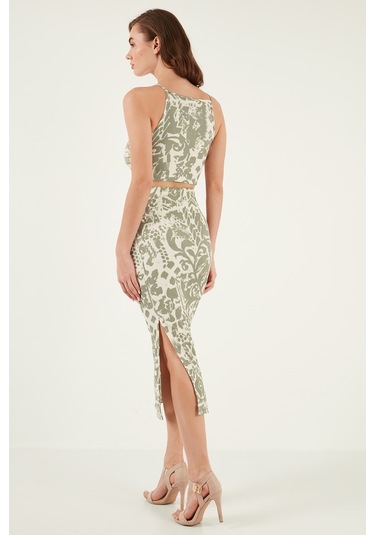 Lela Slim Fit Ip Askılı Yırtmaçlı Midi Alt-Üst Bayan Takım 5865726 Olive