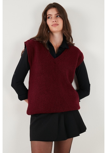Lela V Yaka Örme Triko Bayan Süveter 4616105Y Bordo