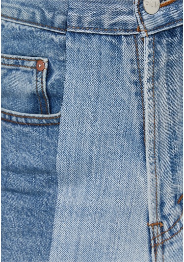 E L V Denim Iki Renkli Düz Kesim Kot Pantolon Orta Mavi