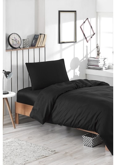 Eponj Home Lastikli Çarşaflı Nevresim Takımı Tek Kişilik Basic Siyah