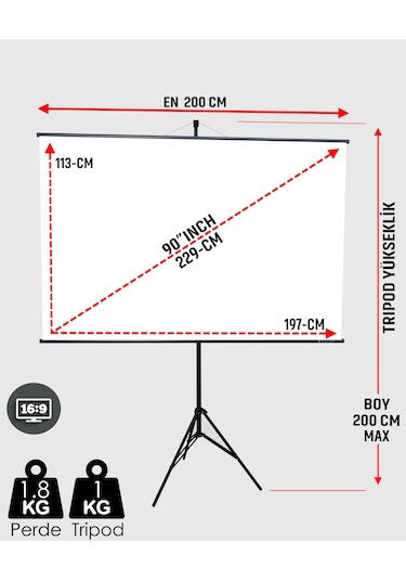 En200cm Boy115cm Projeksiyon Perdesi Tripodlu-ayaklı Taşınabilir