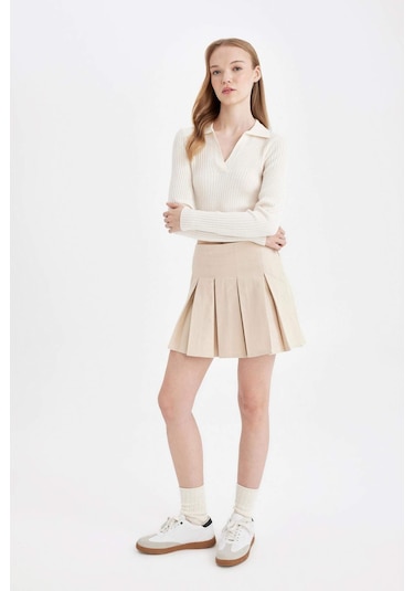 Defacto Coool Piliseli Normal Bel Basic Düz Gabardin Mini Etek D5265AX24AUER42 Ekru