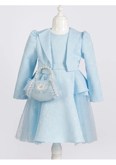 Kız Çocuk Elbise Ceketli Tüllü Çantalı 00390 Mavi