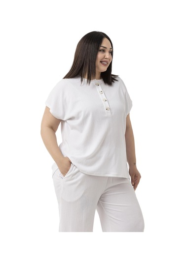 Büyük Beden Düşük Kollu Bluz Pantolon Beyaz İkili Takım Beyaz