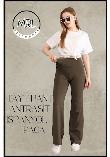 Kadın Yüksek Bel Toparlayıcı Tayt Pantolon Ispanyol Paça Likralı Esnek Dalgıç Kumaş Haki 1040 Haki