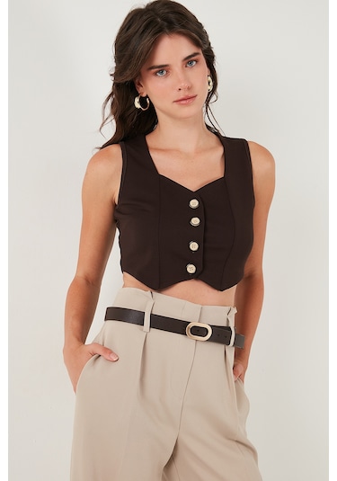 Lela Slim Fit Kalp Yaka Düğmeli Kalın Askılı Crop Bayan Yelek 5865497 Kahve