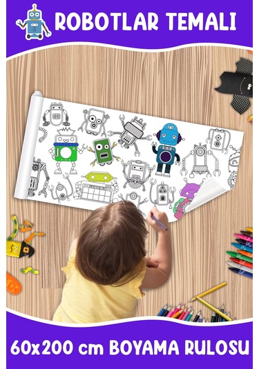 Melolisa Robotlar Temalı Dev Boyama Rulosu Bebek Ve Çocuk Için Eğitici 60x250 Cm Aktivite Kağıdı