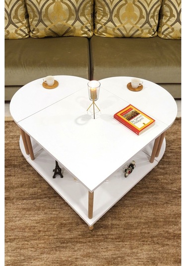 Çevir Kur 3'ü 1 Arada 2 Raflı Orta Sehpa Ve Dekoratif Yan Sehpa Gazetelikli Beyaz