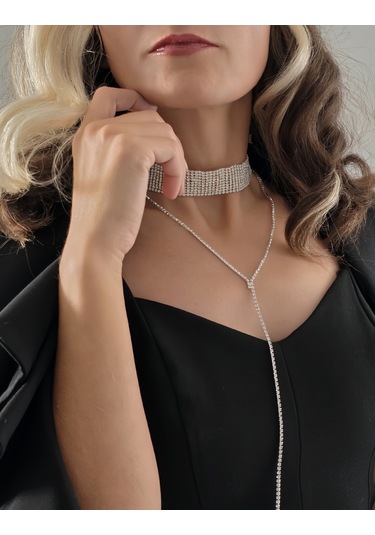 Gümüş Kaplama Rhinestone Y Model Su Yolu Model Kolye Gümüş