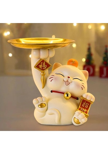 Trendooze Şanslı Kedi Heykeli Mini Depolama Tepsisi - 13x10,5x15,5 Cm, Unik Tasarım 13cmx10,5cmx15,5cm