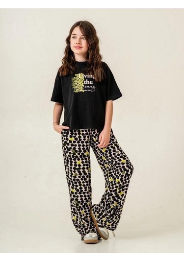 Kız Çocuk Pamuklu Desenli Pantolonlu Takım-15883 Siyah