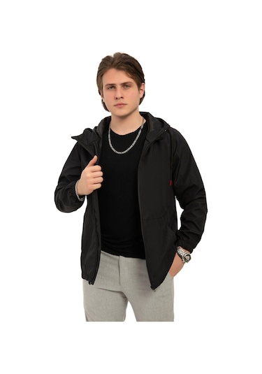 Erkek Astarlı Kanguru Cepli Su Ve Rüzgar Geçirmez Kapüşonlu Cepli Yağmurluk Haki