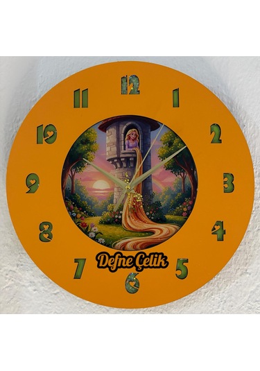 Kişiye Özel İsimli Çocuk Odası Duvar Saati Epoksi Dolgulu 35 Cm Masallar Serisi Turuncu