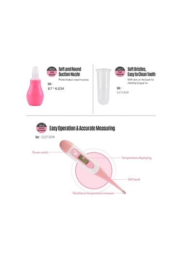 Vkemall Bebek Bakım Seti 8 Parça - Tırnak Kırıcı, Fırça, Tarak, Burun Emici, Termometre + Saklama Kutusu Pembe