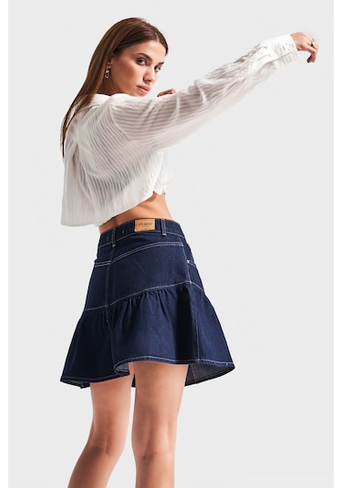 Itsbasic Kadın Koyu Mavi Renk 1s5-50 Volanlı Süper Mini %100 Koton Denim Etek