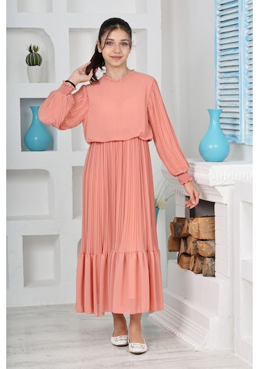 Kız Çocuk Uzun Boydan Pliseli Pamuklu Şifon Uzun Elbise SOMON