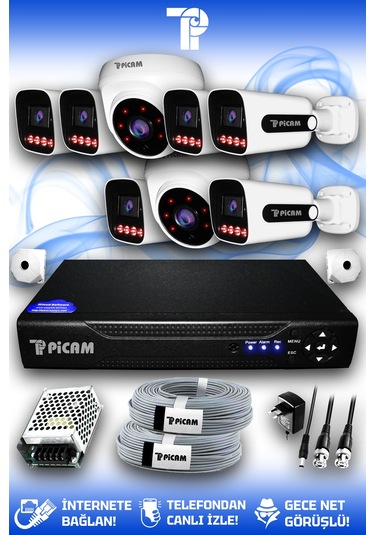 Picam 8 Kameralı Zebra 2 İç Kamera Set Hdd'siz 5 Mp 2k Net Gece Görüşlü Güvenlik Kamerası Sistemi