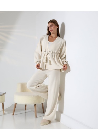 Kuşak Detaylı İkili Triko Takım Taş