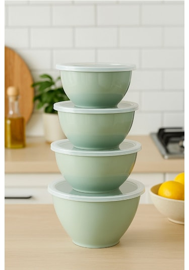 4 Lü Yuvarlak Kase Seti Mint Yeşili 1l, 1.5l, 2.3l, 3.3l Kapaklı Çok Amaçlı Mutfak Saklama Kabı Yeşil