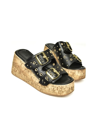 Fox Shoes U996753509 Siyah Dolgu Topuklu Kadın Ayakkabı Siyah-suni Deri