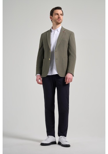 Çizgili Desen Gofreli Mono Yaka Malzemesiz Esnek 6 Drop Slim Fit Ceket 1002250122 Koyu Haki