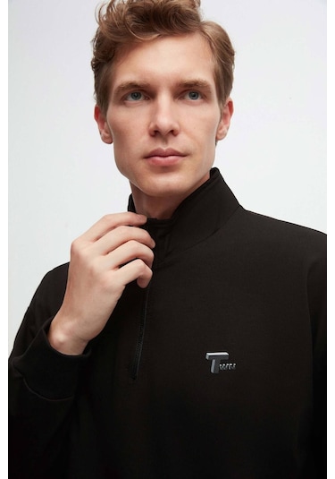 D's Damat Oversize Siyah Düz Yarım Fermuarlı Pamuklu Mevsimlik Sweatshirt 2ECE25ORT2796 Siyah