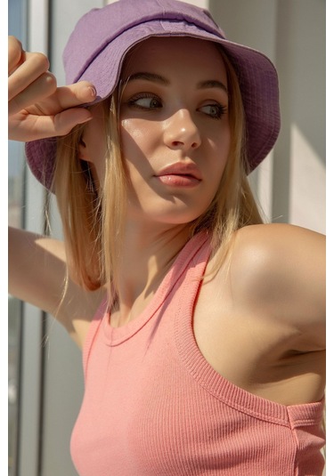 Kadın Yavruağzı Fitilli T-shirt Halter Yaka Örme Atlet Yavruağzı