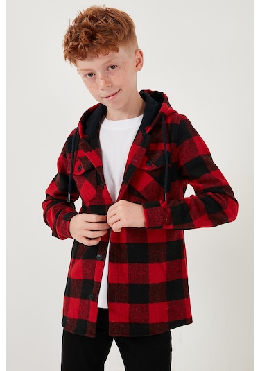 Lela Kapüşonlu Çift Cepli Ekoseli Oduncu Erkek Çocuk Gömlek Cf25W81787 Kırmızı